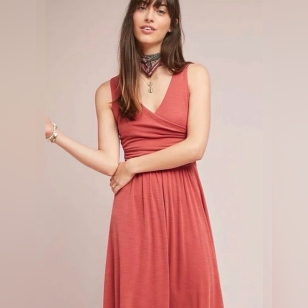 Maeve Anthropologie Sleeveless V-Neck Dress in Rust Orange